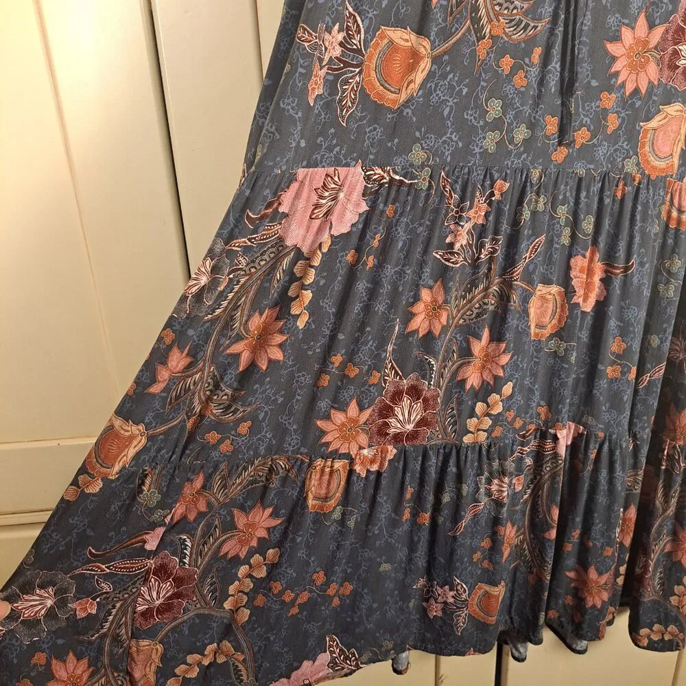 Knox Rose Midi Short Sleeve Blue Pink Floral Tiered Boho Print Dress Size Large - Picture 4 of 13